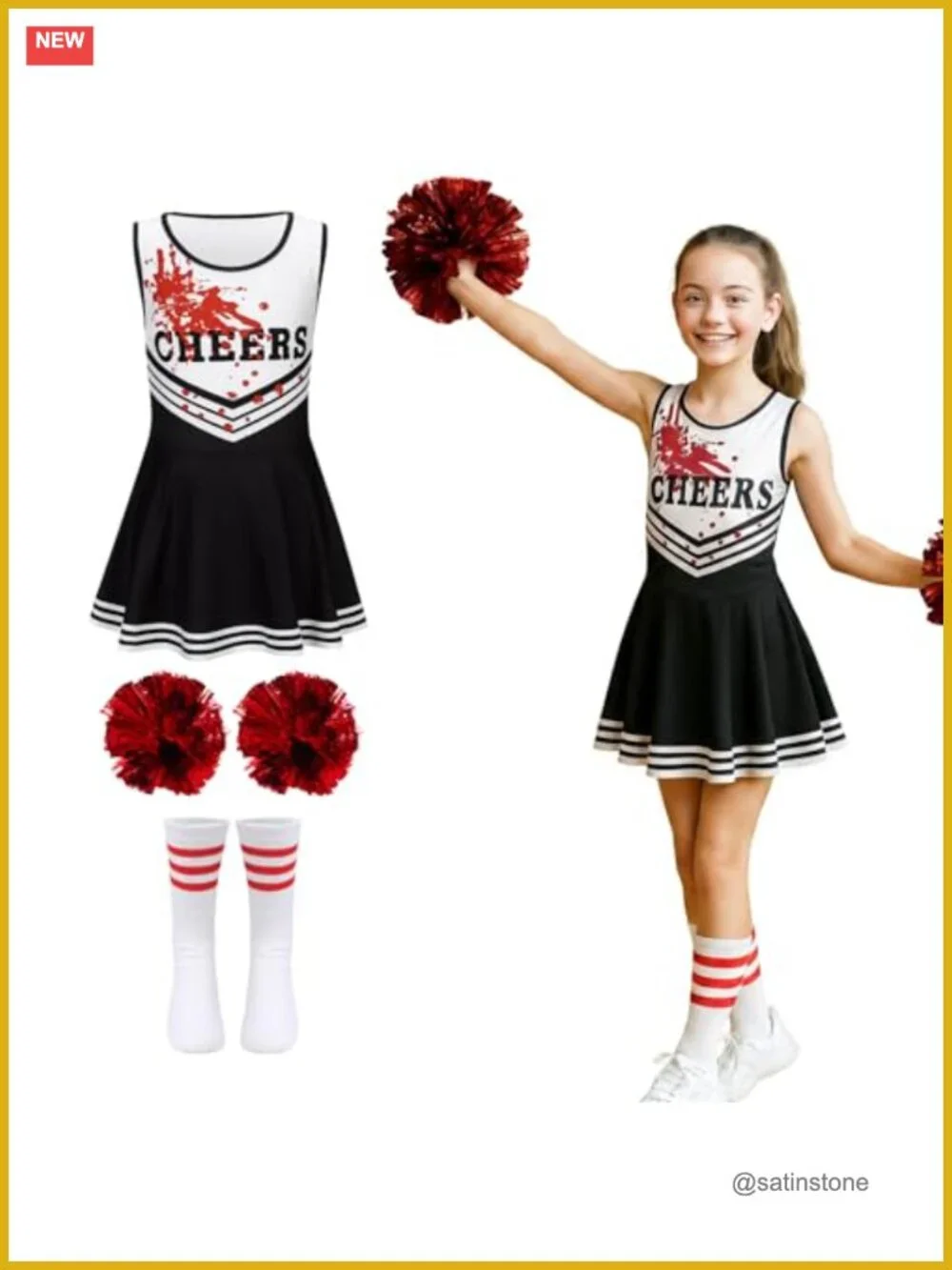 Girls Cheerleader Costume Set - Tank, Skirt, Pom Poms & Socks - Kids Athletic
